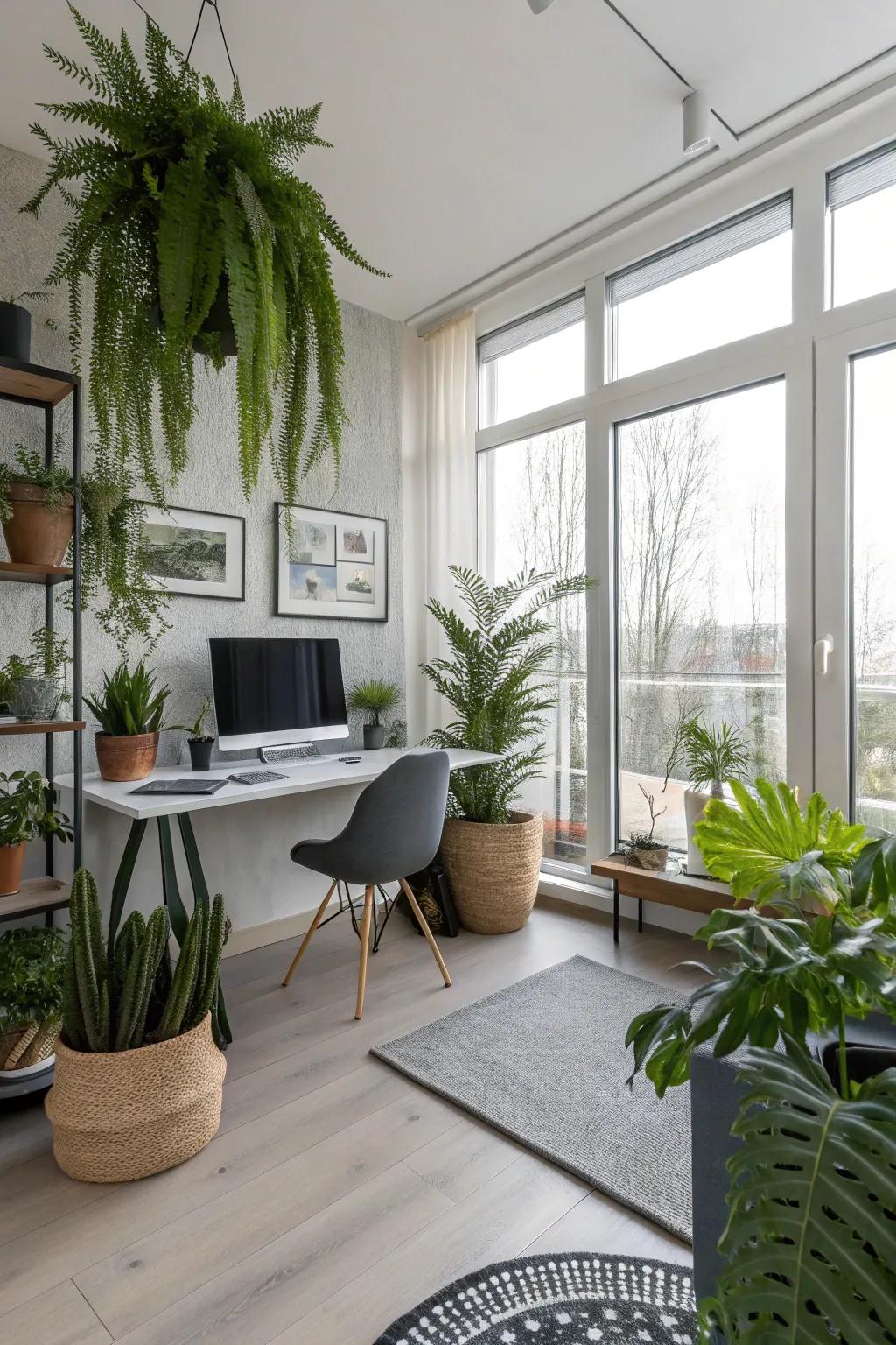 A home office that benefits from the inclusion of indoor plants.