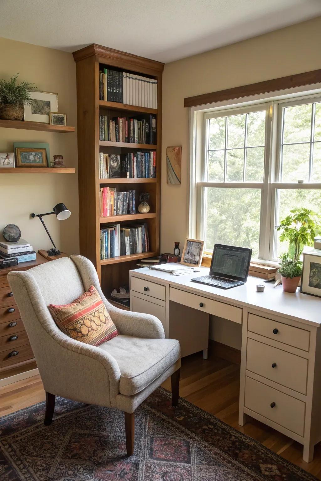An upscale home office featuring a cozy reading spot.