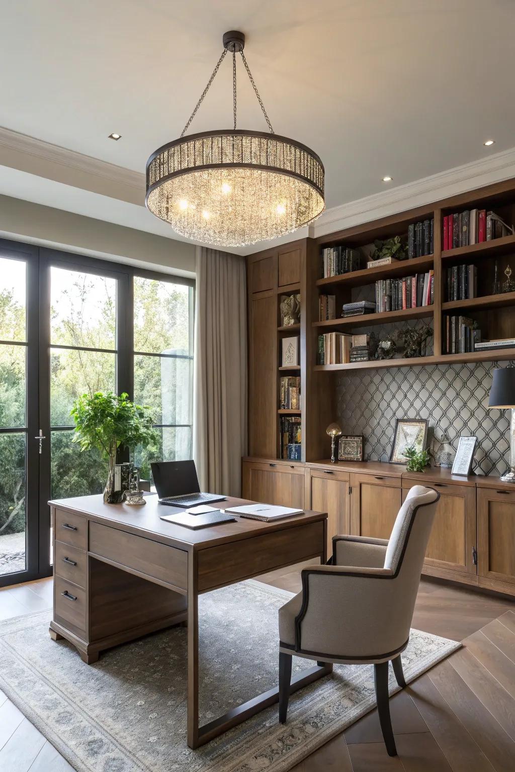 A modern home office highlighted by a captivating chandelier.
