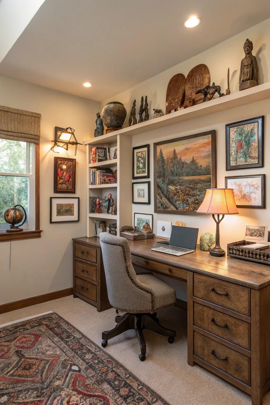 A personalized home office decorated with art and decorative items.