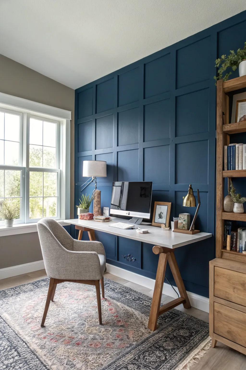 A modern home office showcasing a striking accent wall.