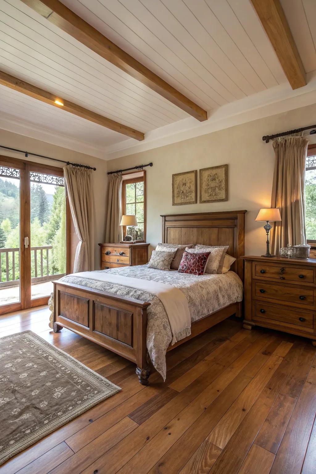 Wooden elements impart warmth and character to this spacious bedroom.