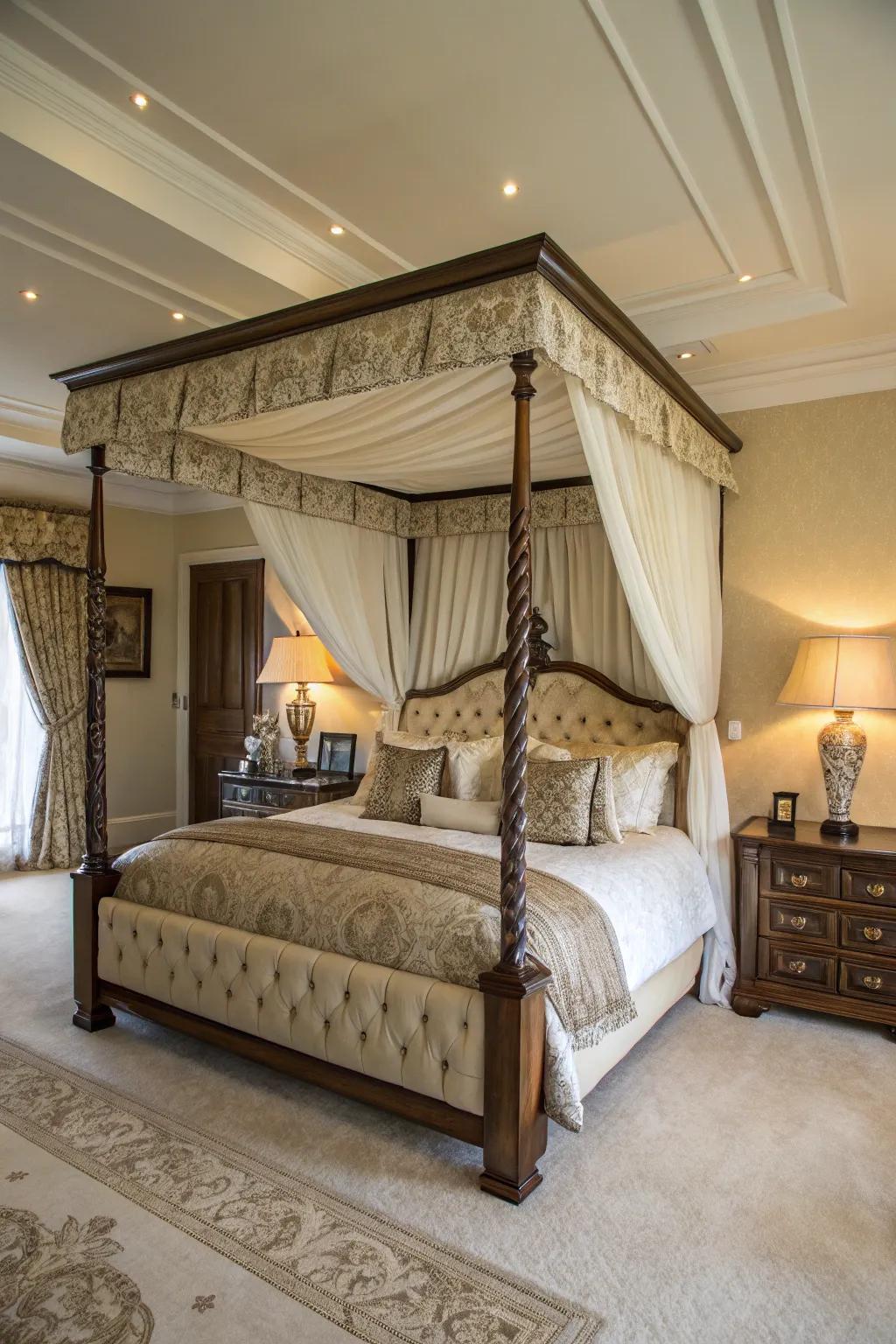 An elegant four-poster bed serves as the focal point, adding a sense of balance and sophistication.