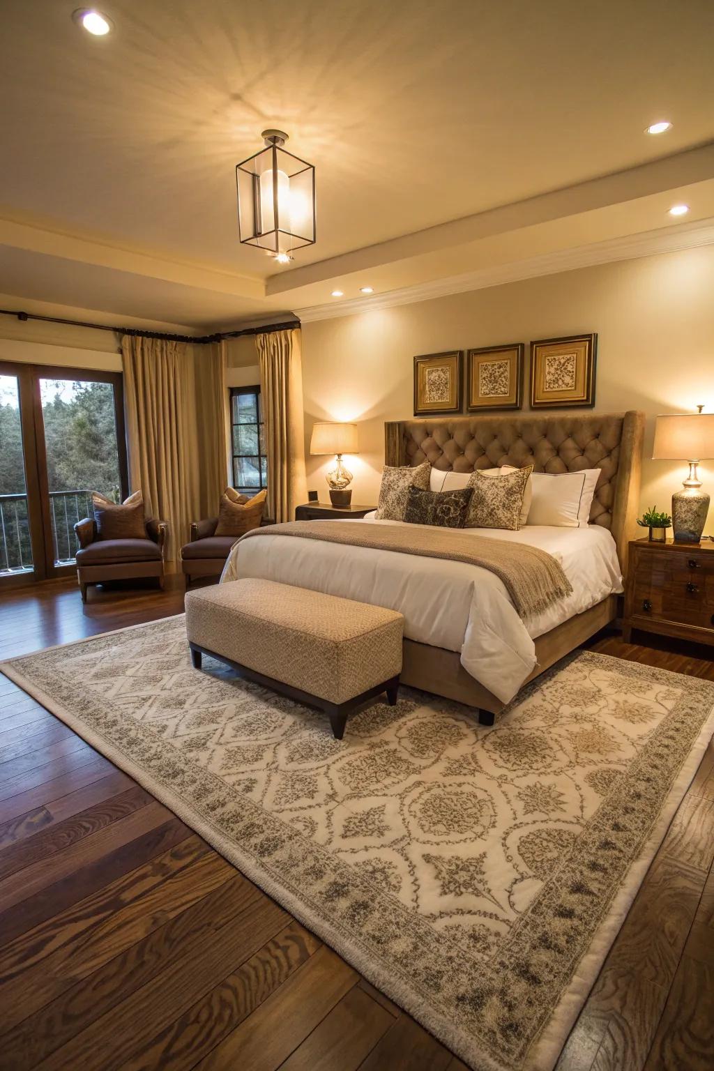 Area rugs delineate distinct zones, adding style and comfort to a large bedroom.