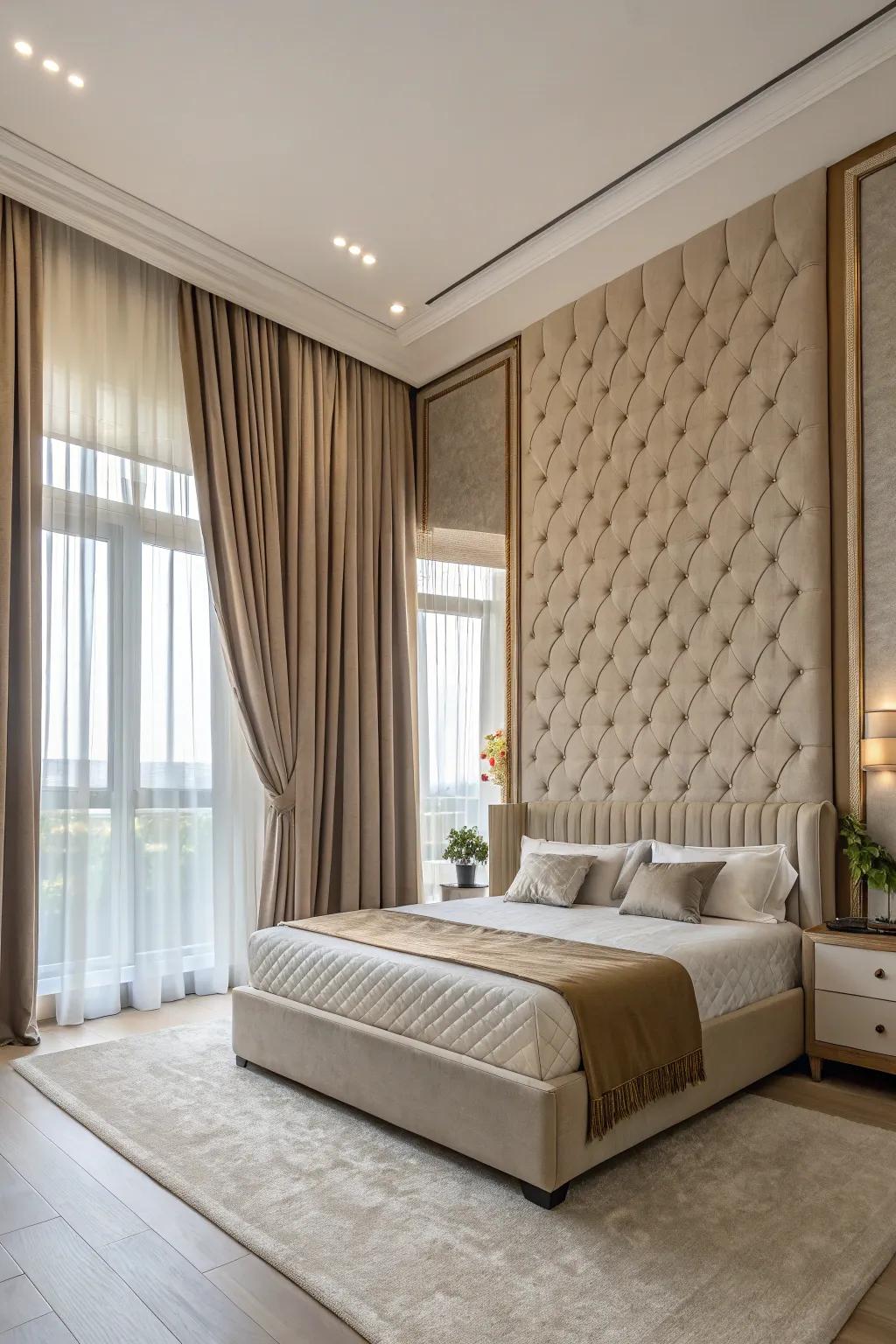 Vertical design aspects amplify the spacious feel of this large bedroom.