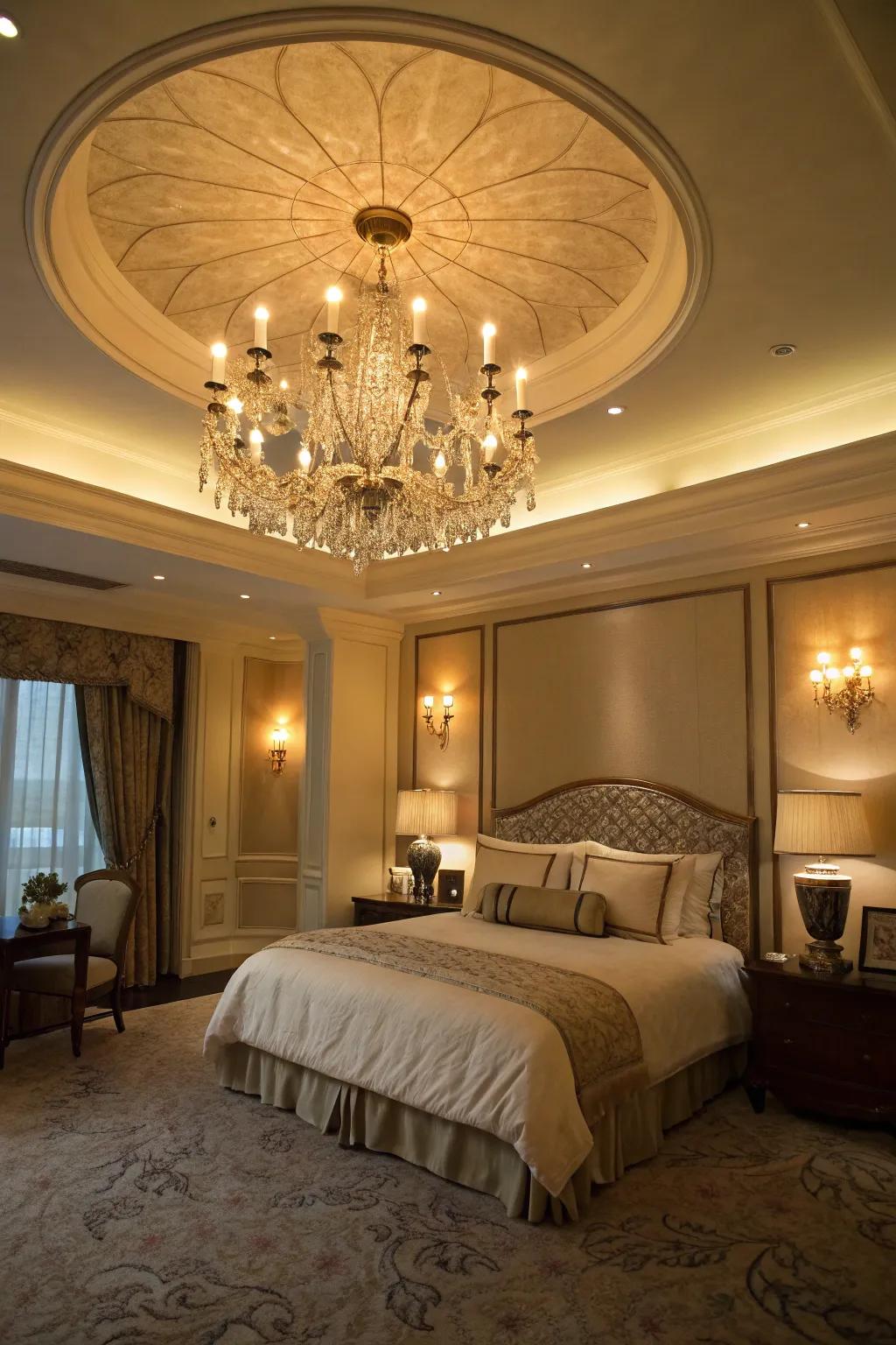 Layered lighting enhances the depth and dimension of this large bedroom.