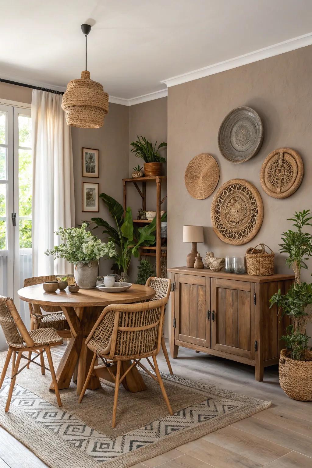 Natural neutrals provide a soothing and balanced dining atmosphere.