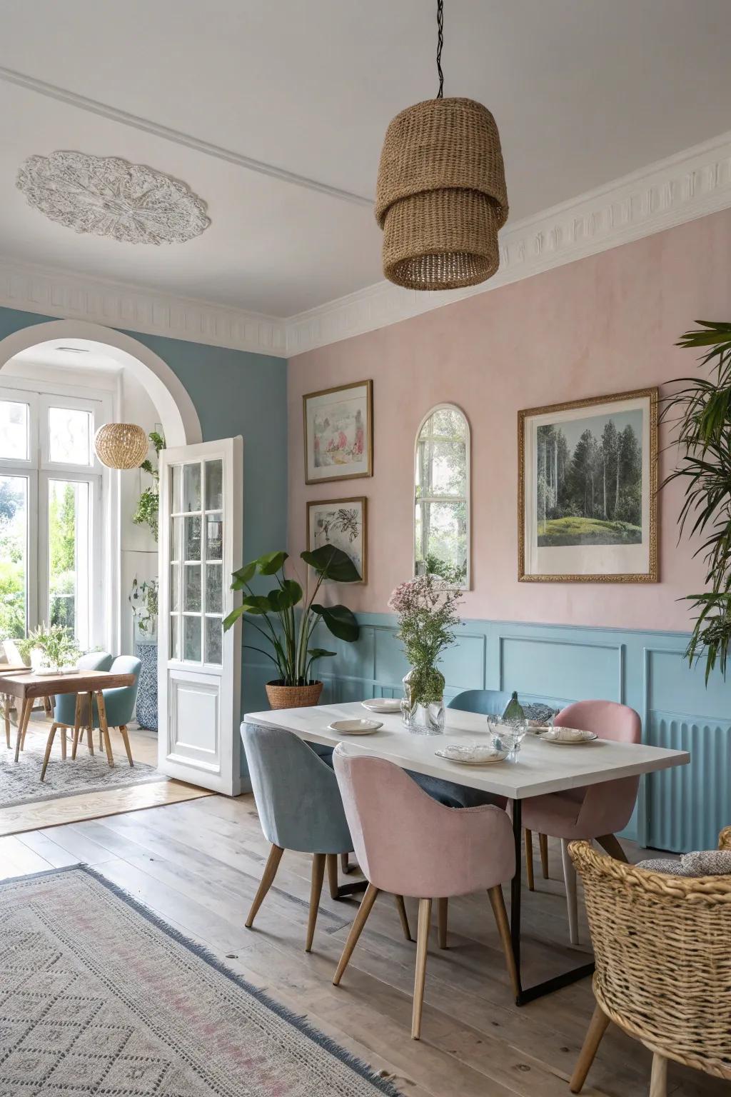 Pastel hues bring a fresh and inviting feel to dining spaces.