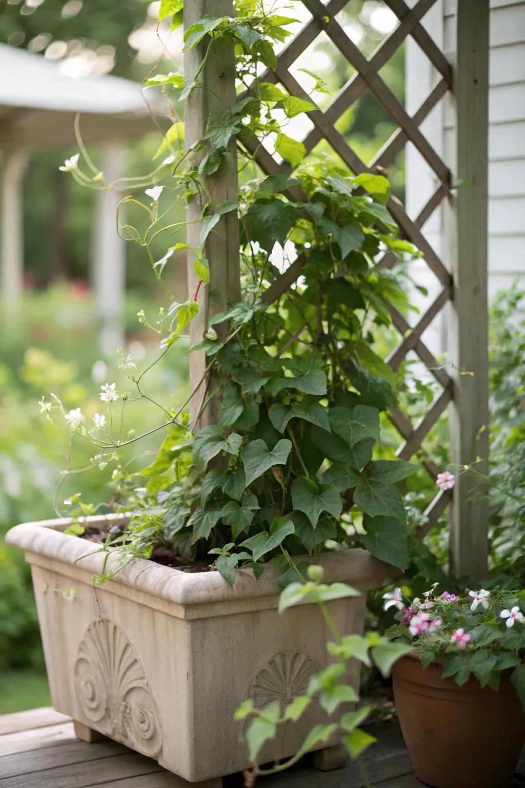 Mix planters and trellises for a dual-purpose privacy feature.