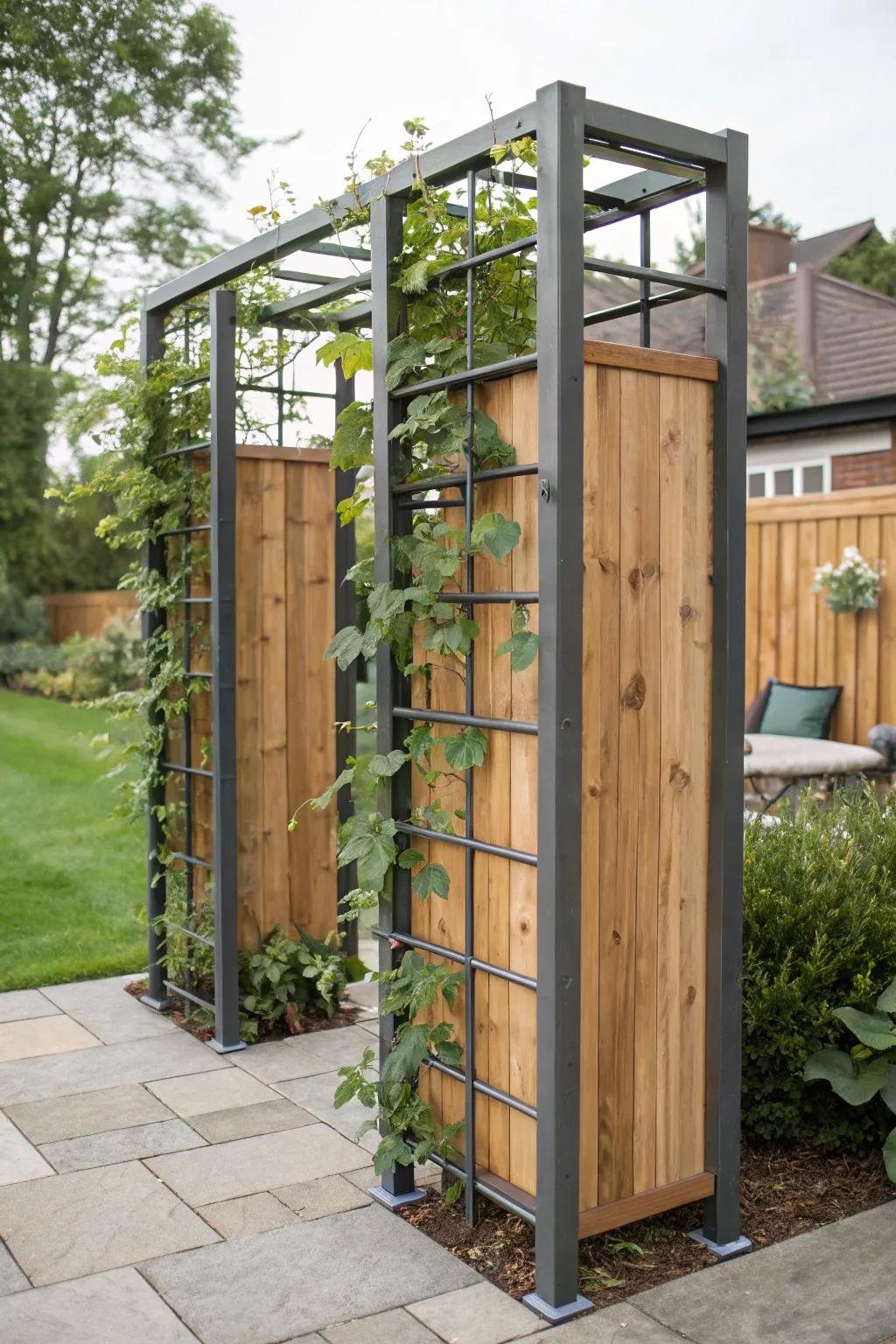 Mix materials for a modern and strong privacy trellis.