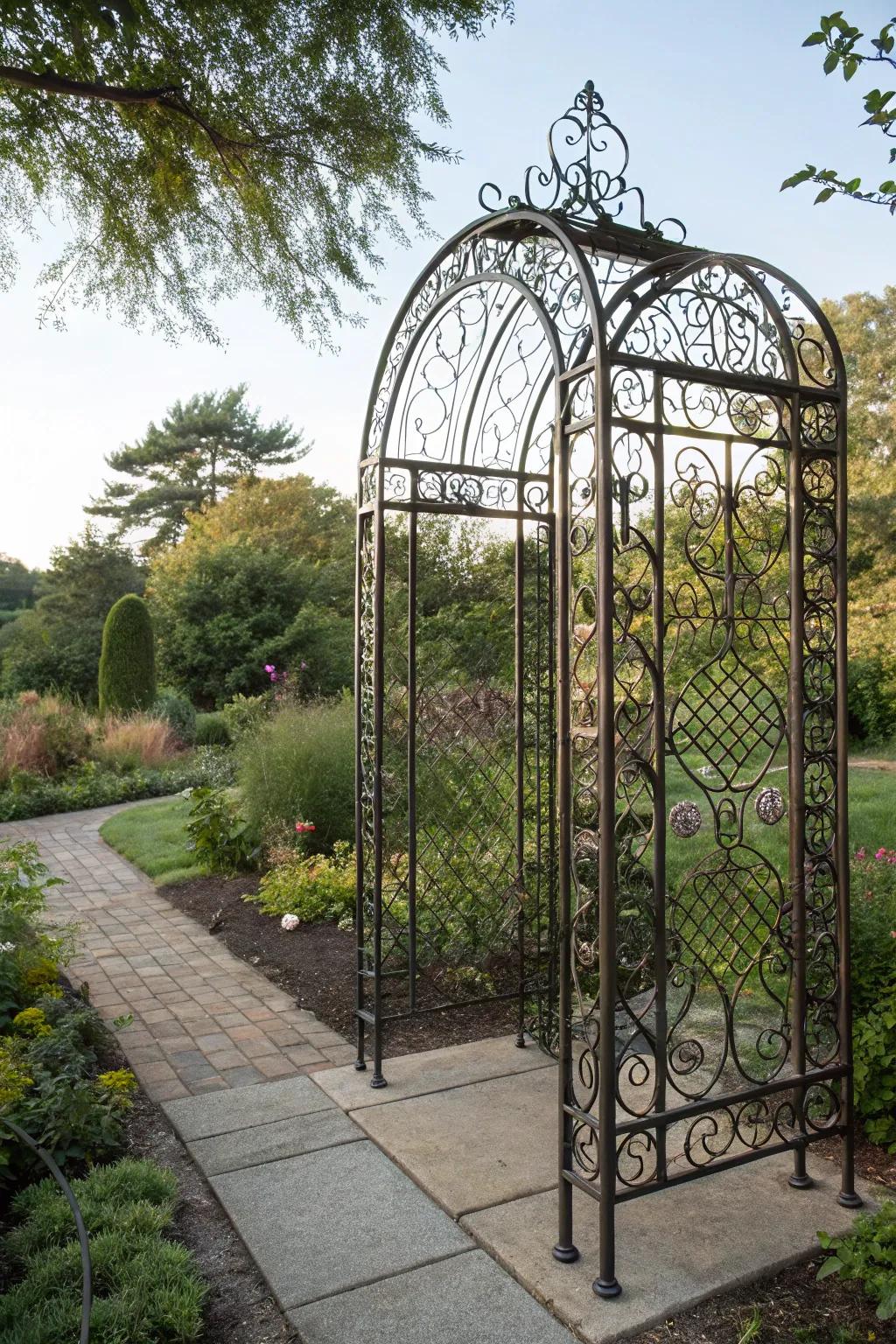 Improve style and privacy using a decorative wrought iron trellis.