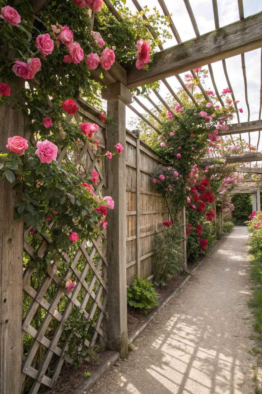 Allow climbing roses to turn your lattice into a fragrant privacy wall.