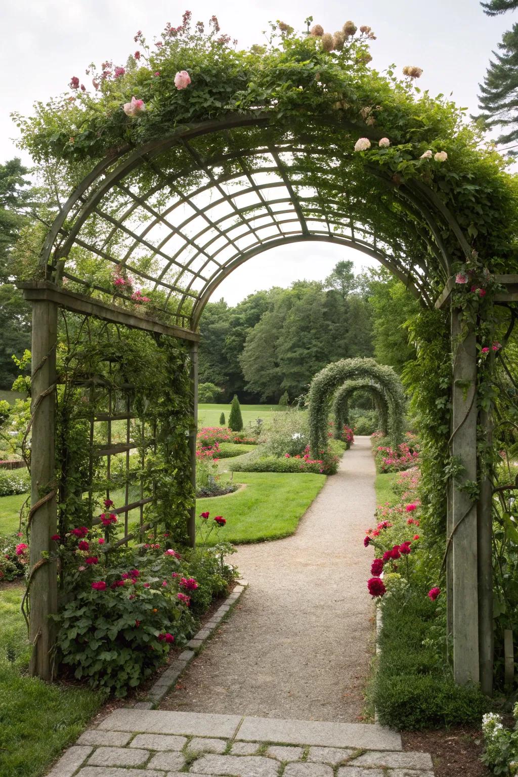 Frame your yard entrance with a grand arched arbor trellis.