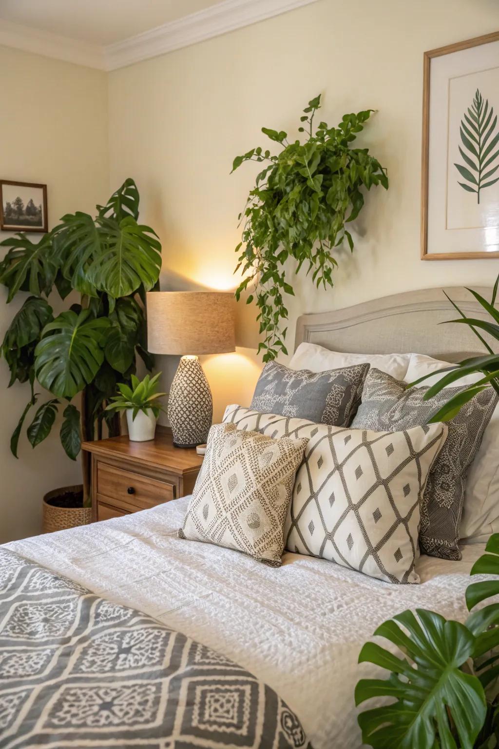 Lush plants and patterned pillows bring texture to this color-drenched bedroom.