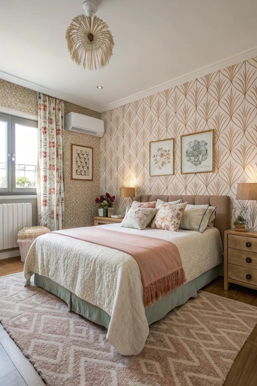 Textured wallpaper adds depth and luxury to this color-drenched room.