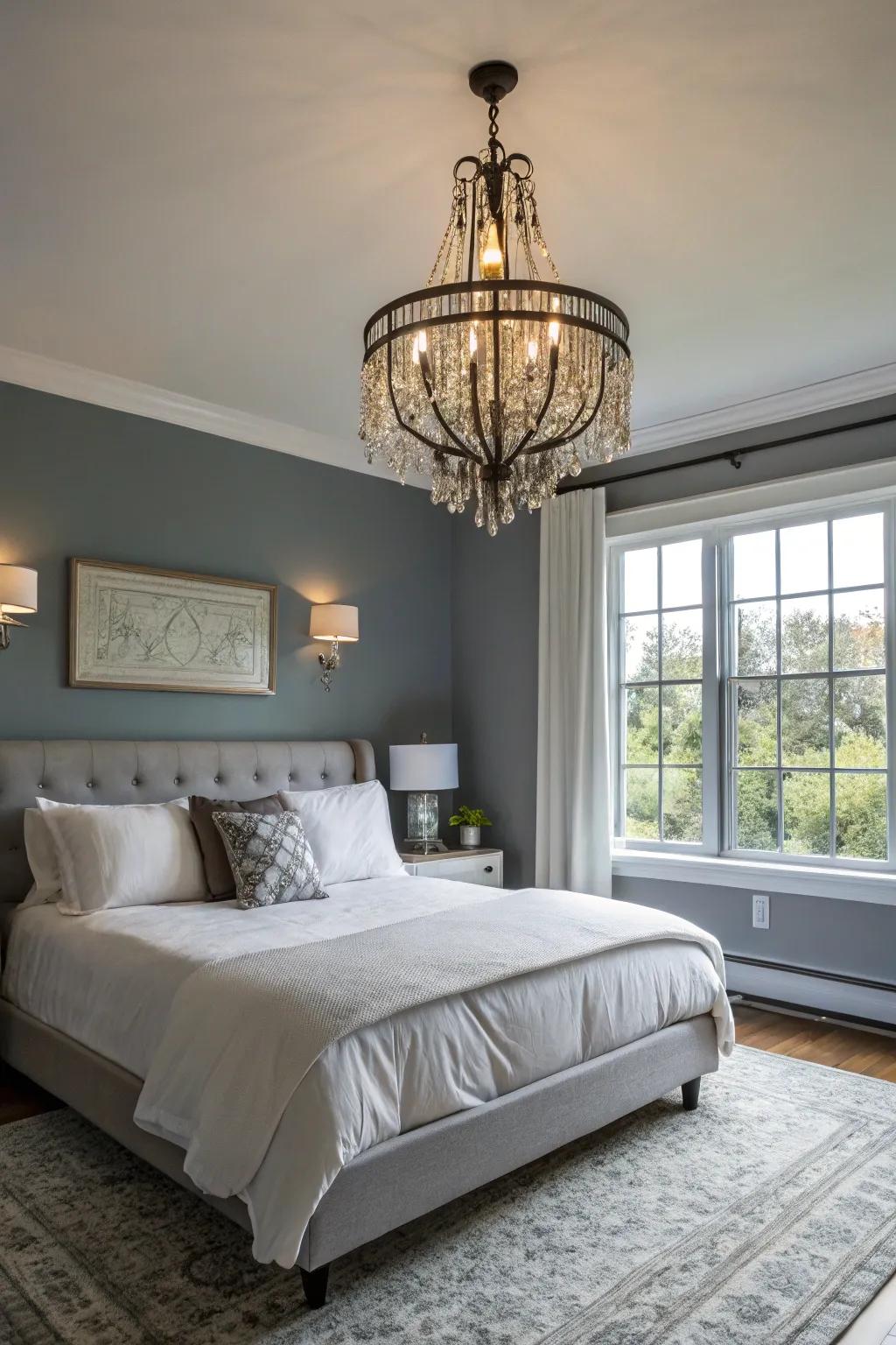 Elegant lighting elevates the style of this color-drenched bedroom.