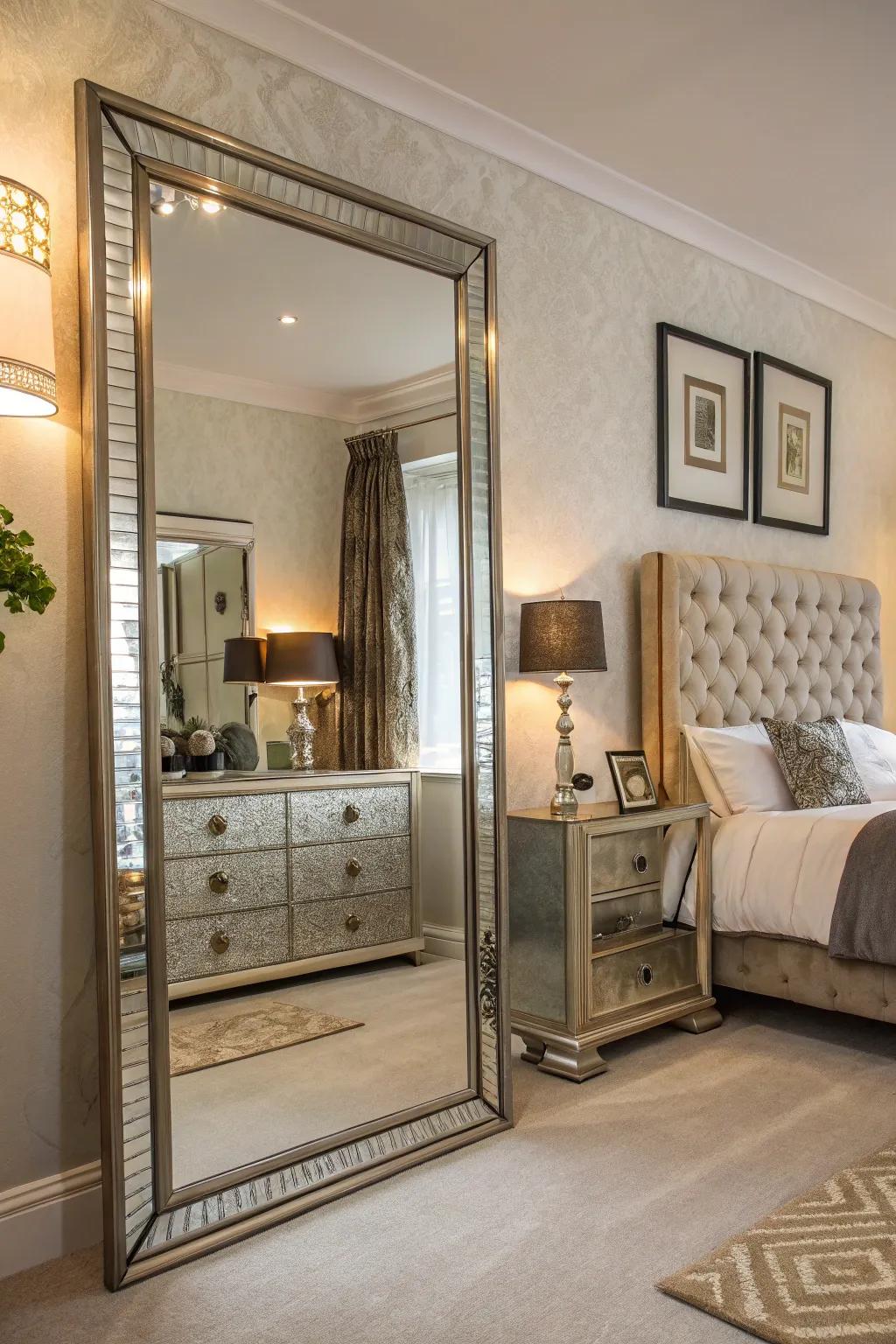 Reflective surfaces bring light and a touch of elegance to this bedroom.