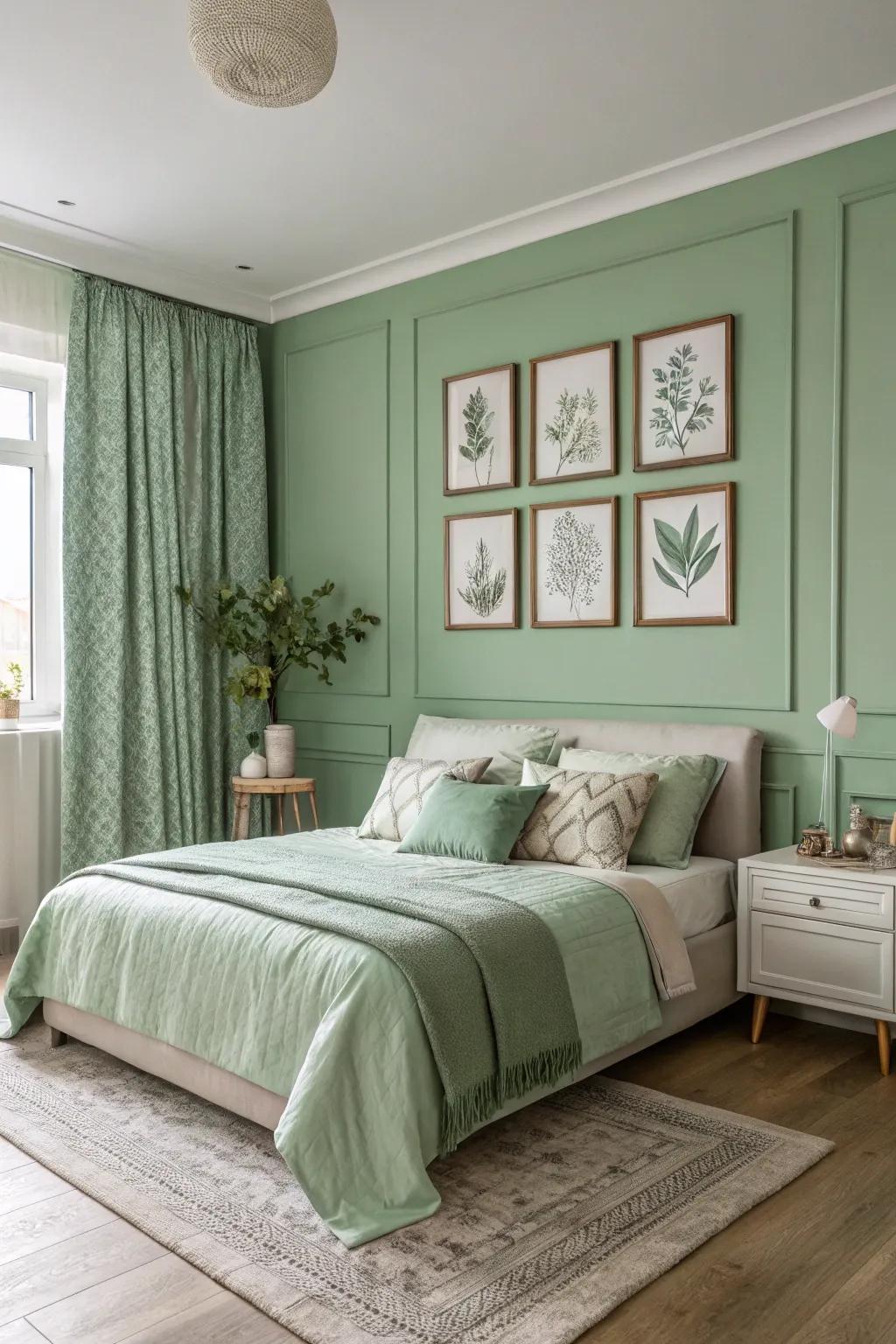 A serene sage green bedroom beautifully showcases the monochromatic allure of color drenching.