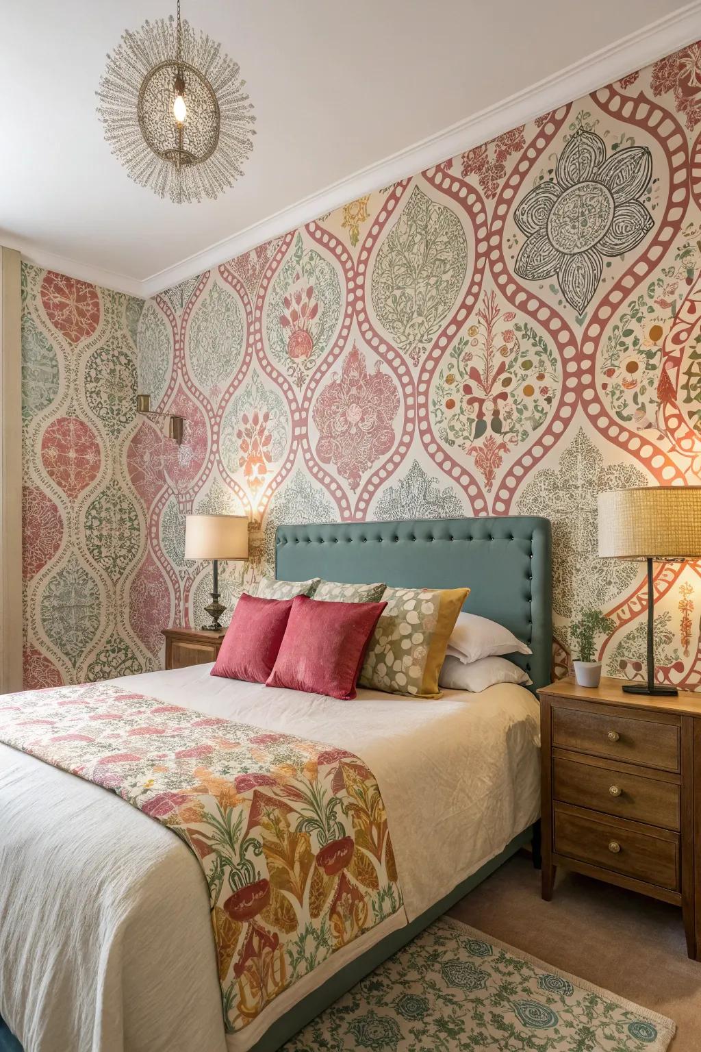 Artful patterns bring a dynamic touch to this color-drenched room.