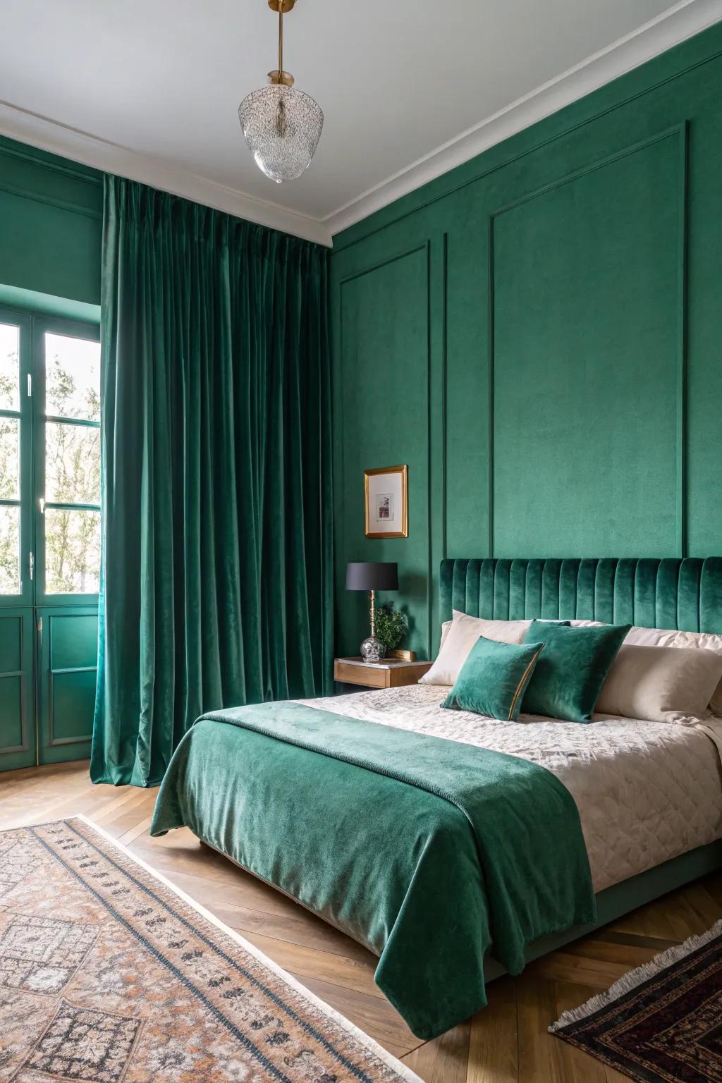 An eye-catching emerald green color wash transforms the bedroom into an inviting escape.