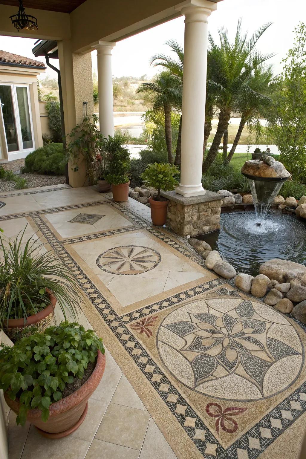 Pebble mosaics morph patios into artistic outdoor getaways.