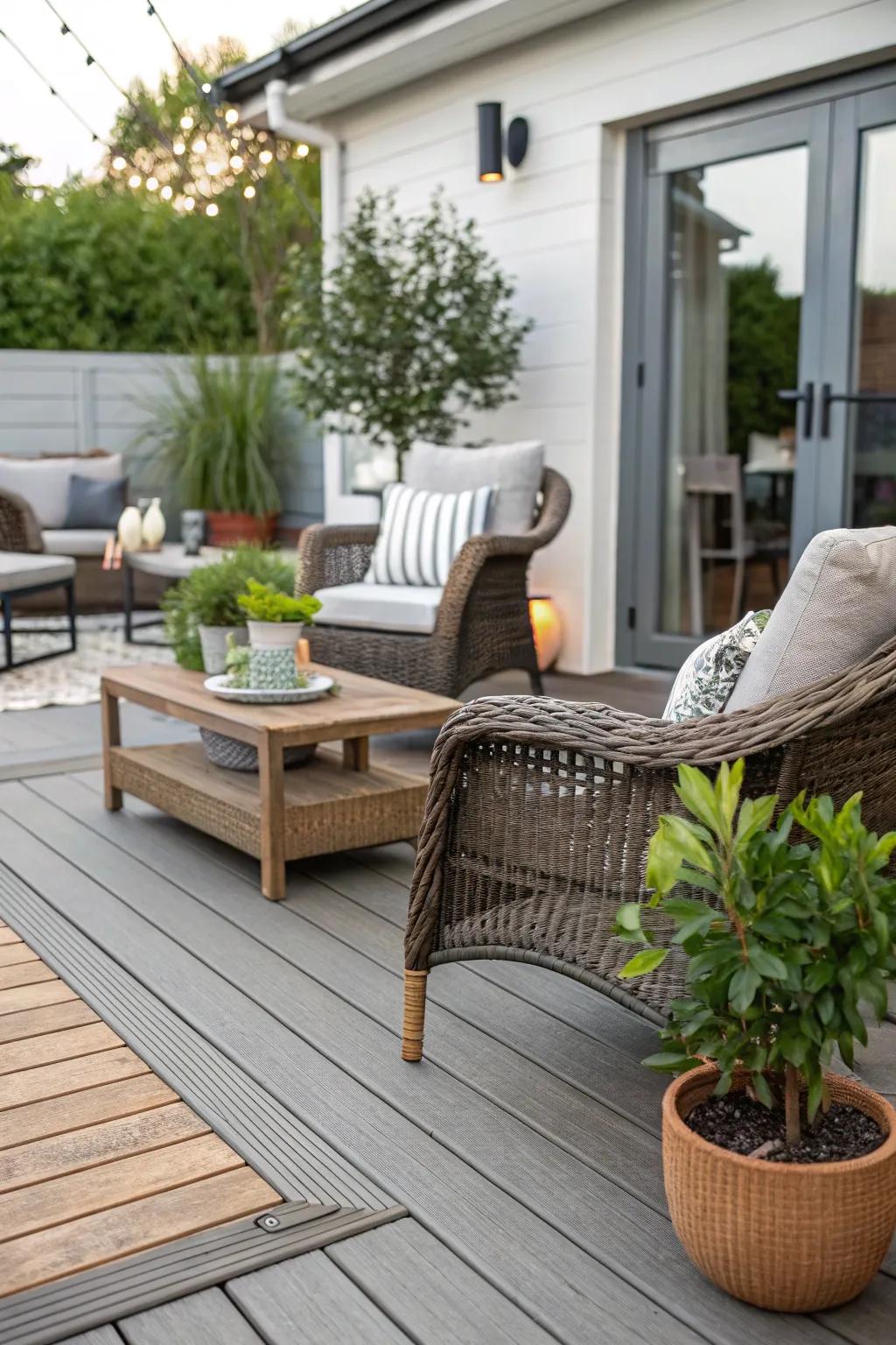 Composite decking merges lasting quality with aesthetic appeal for an easy-care patio.