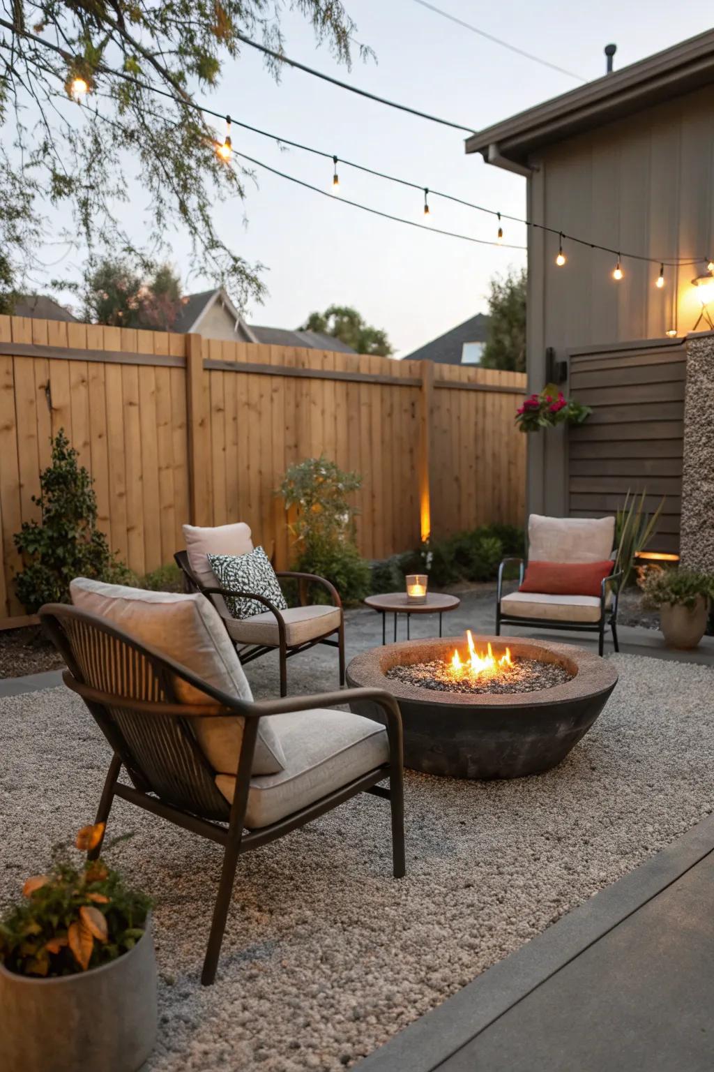 Gravel flooring carries casual simplicity and relaxation to patios.