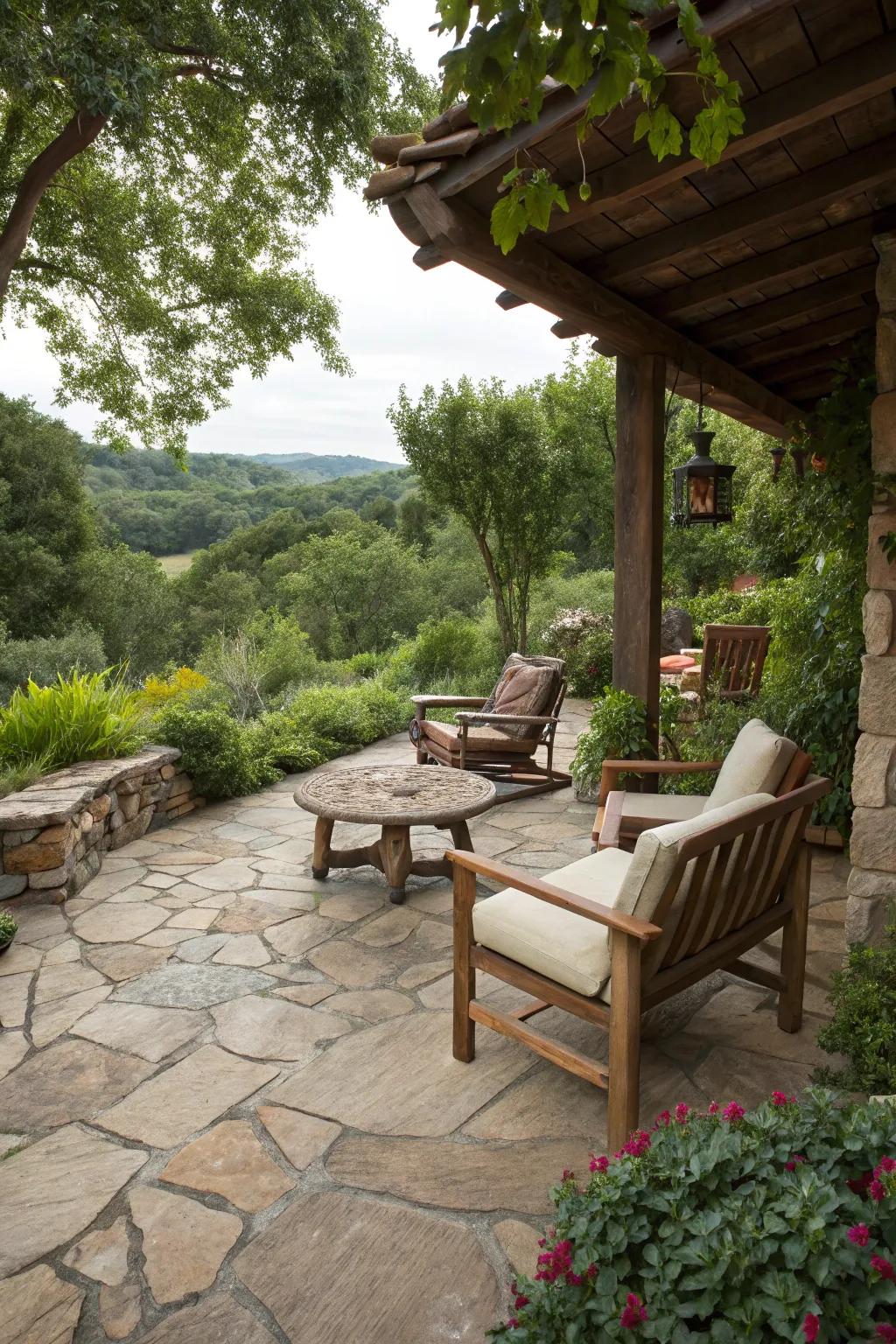 Country flagstone flooring lends natural beauty and distinctiveness to patios.