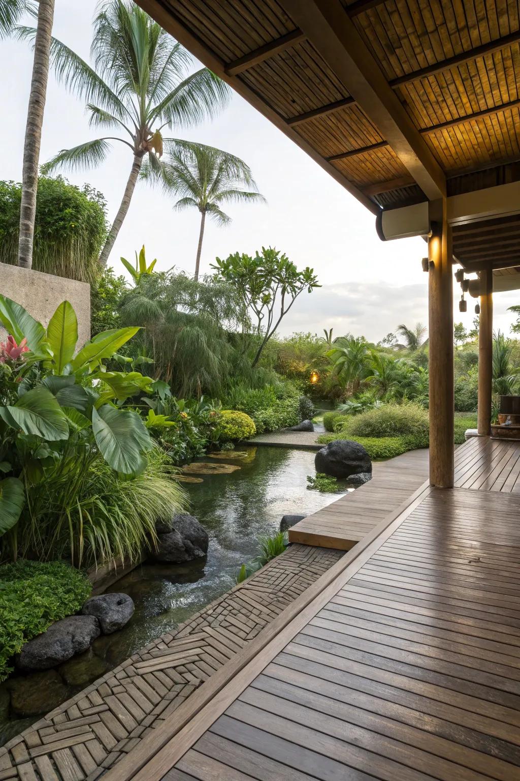 Bamboo flooring delivers a green and tropical patio setting.