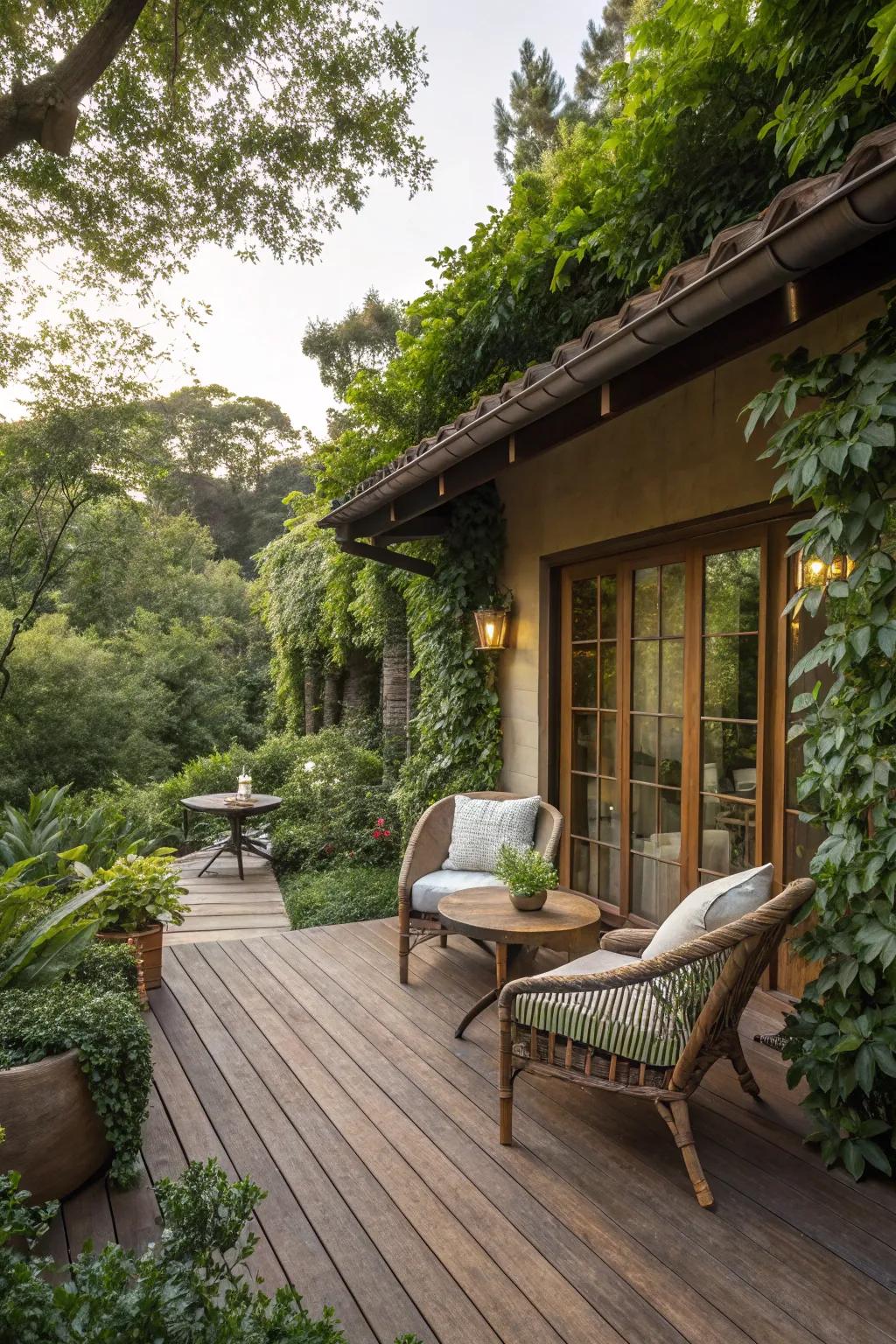 Natural wood decking contributes warmth and snugness to outdoor areas.