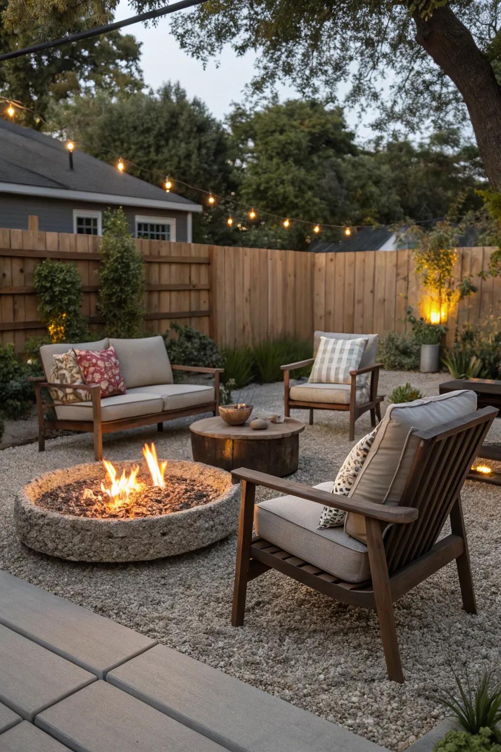 Gravel flooring encircling a fire pit crafts an intimate and welcoming patio space.