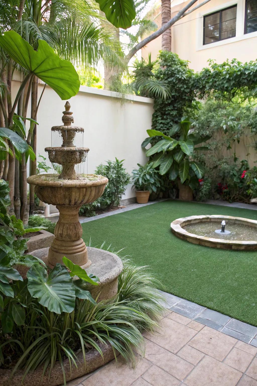 Artificial turf supplies a lush, green rug for your patio throughout the seasons.