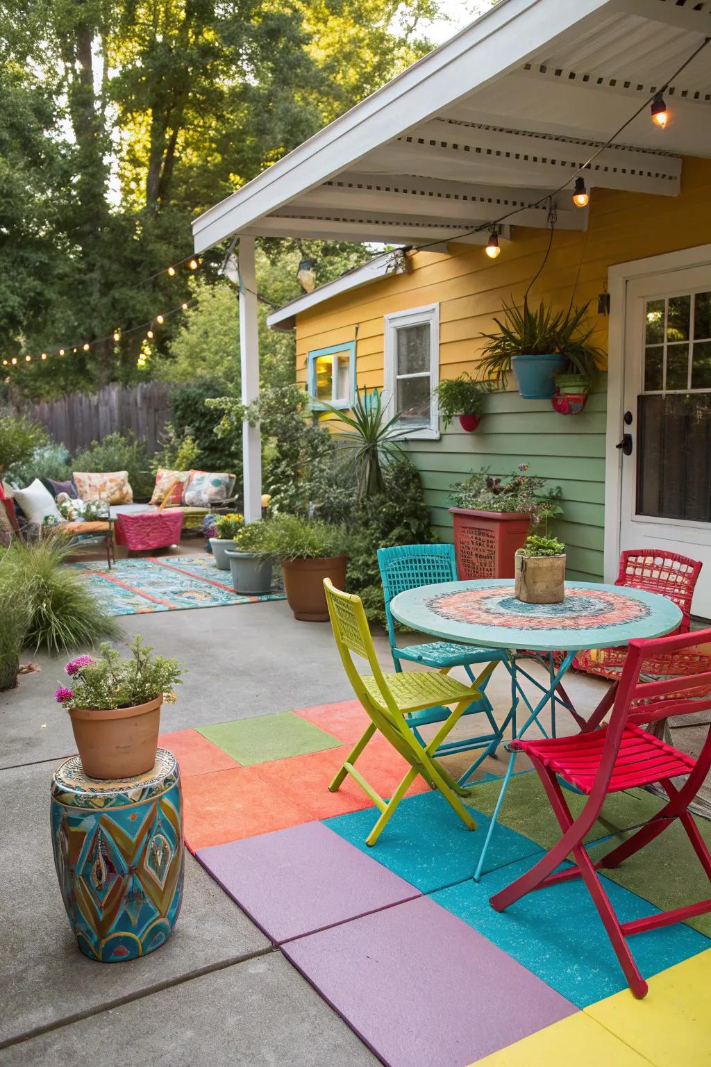 Painted concrete delivers a colorful and creative patio flooring choice.