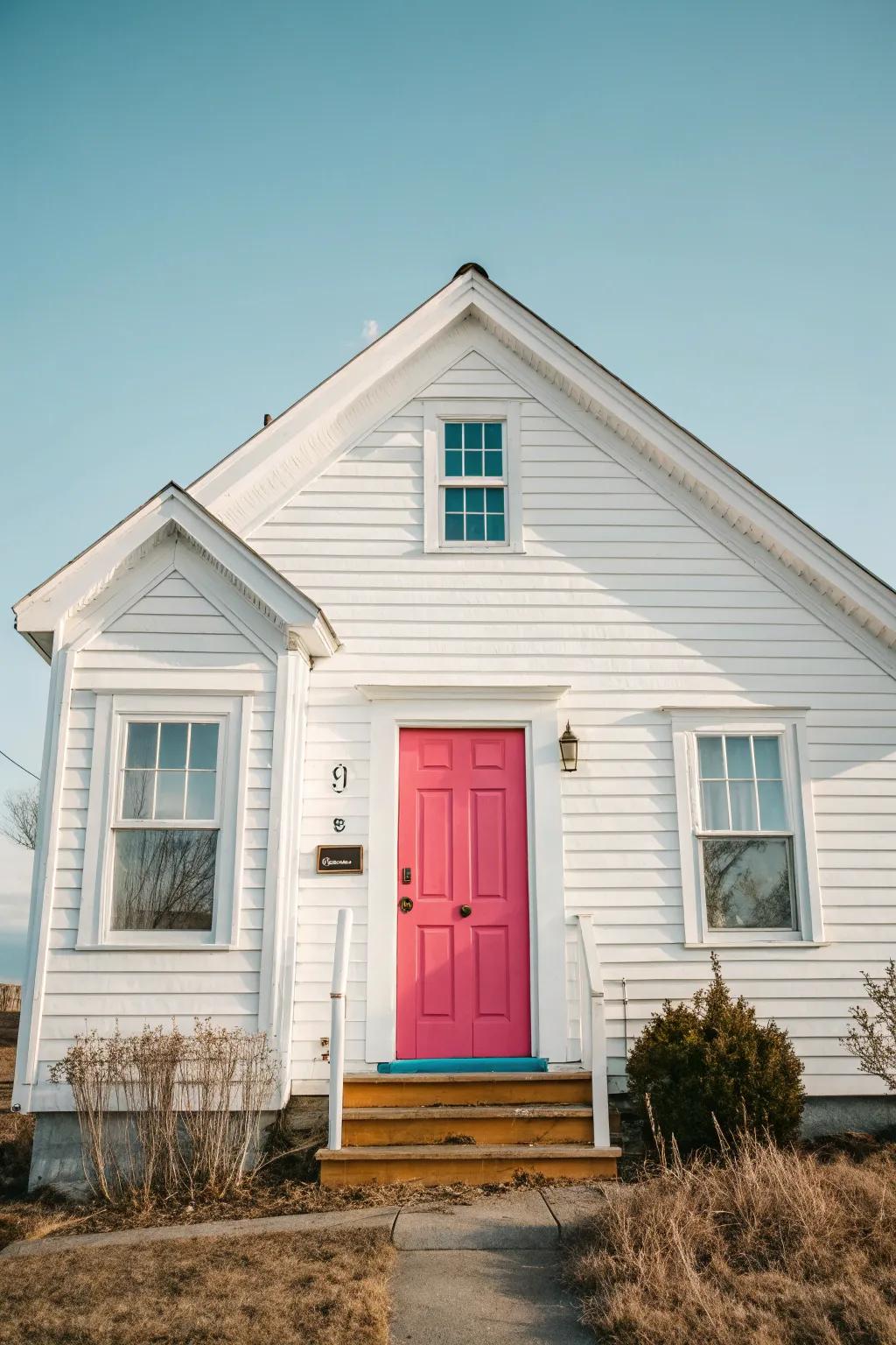 A white panelling house with a playful, brightly colored entrance door.