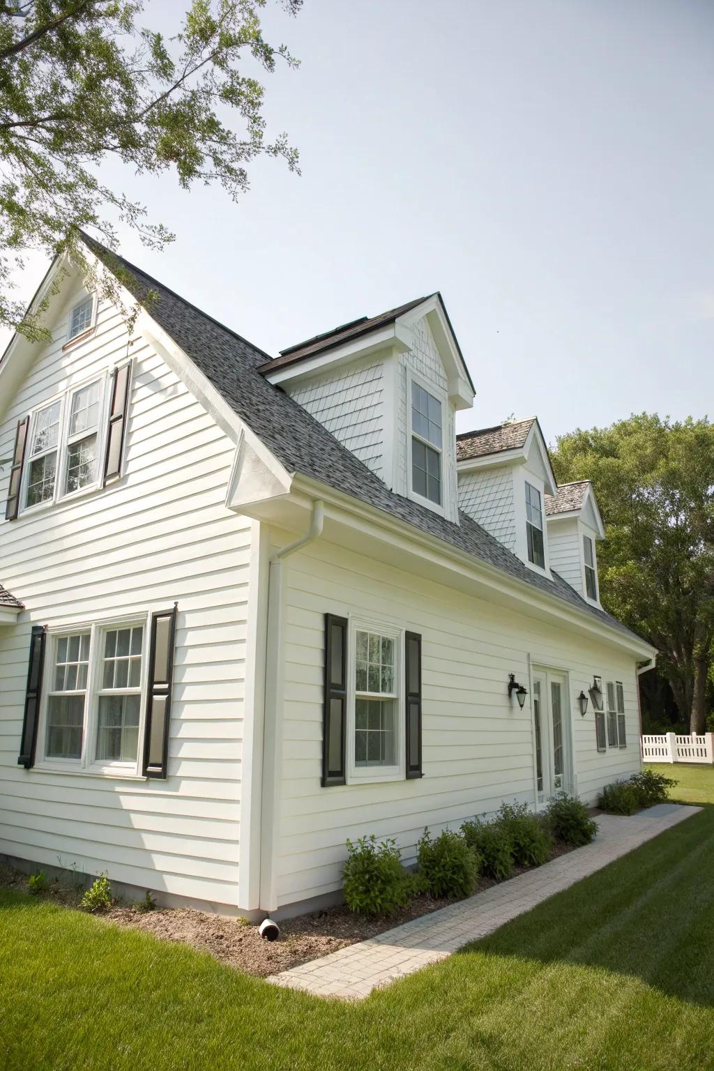 A charming house featuring white panelling and classic roof windows.