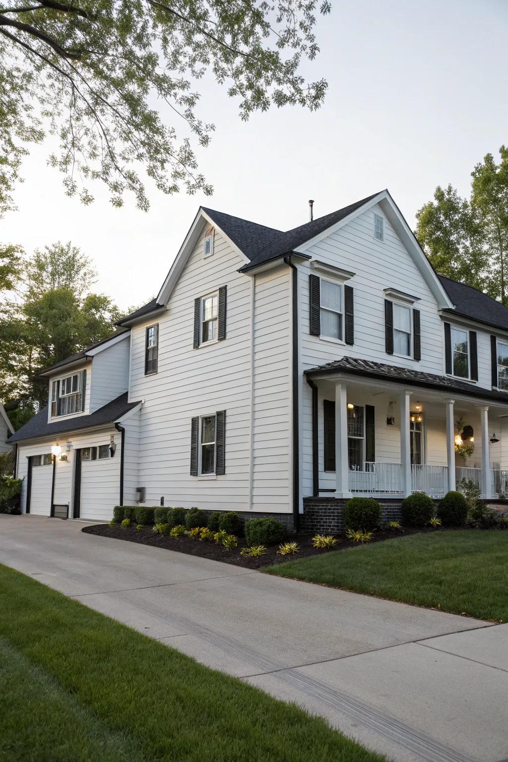 A house displaying a dramatic contrast with white panelling and ebony trim.