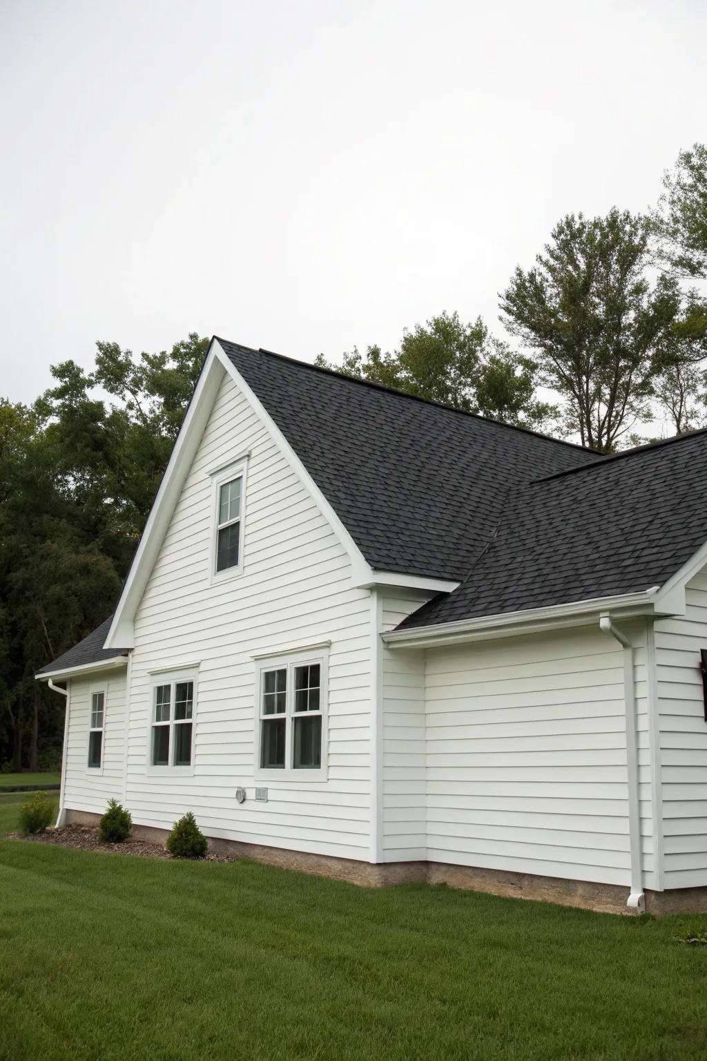 A house with a bold, contrasting dark roof and white panelling.