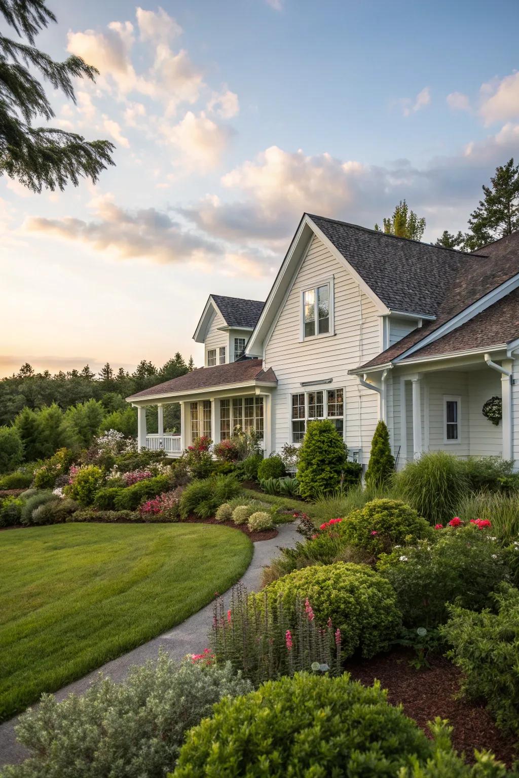 A house with white panelling embraced by vibrant, nature-inspired plantings.