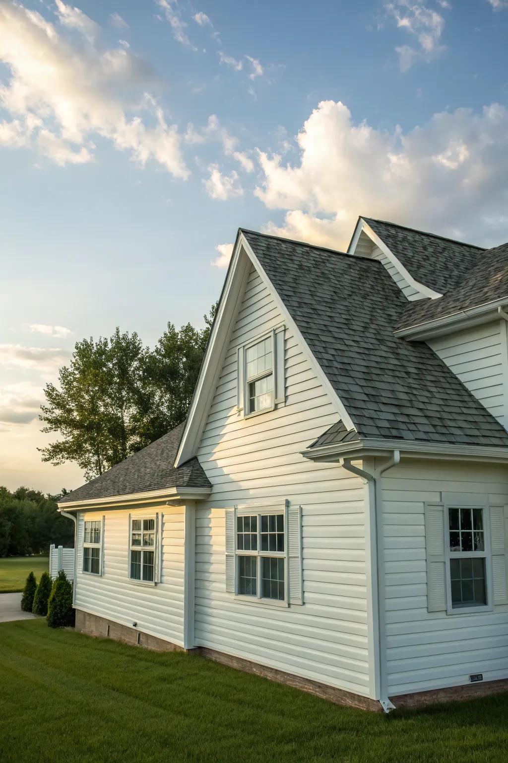 A house with white panelling and charming peaked roof additions.