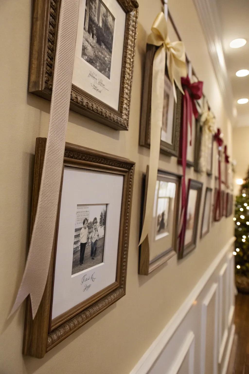 Picture frames embellished with ribbon bows, adding a whimsical touch.