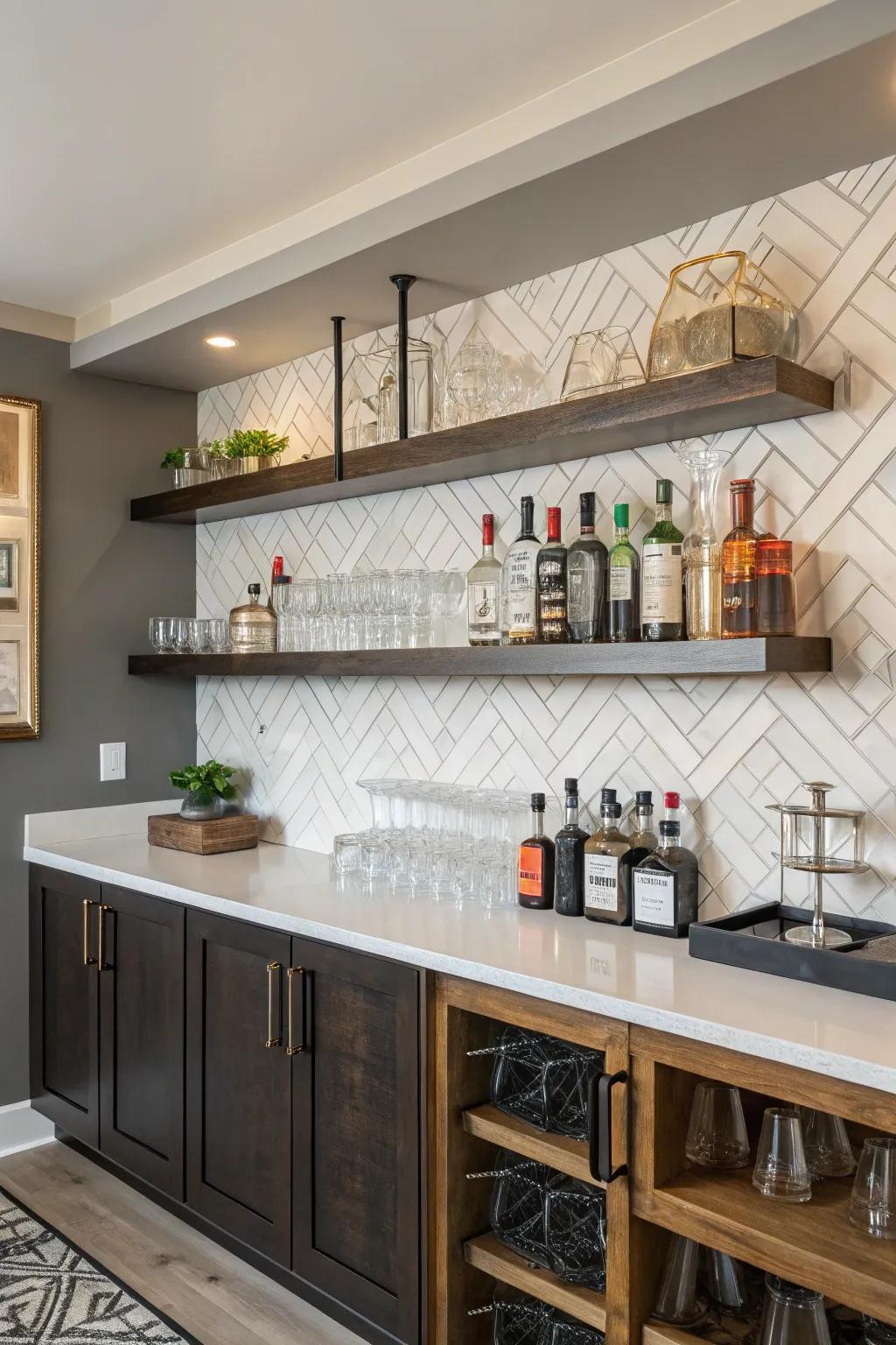 Floating shelves introduce sophistication and practicality to your home bar.