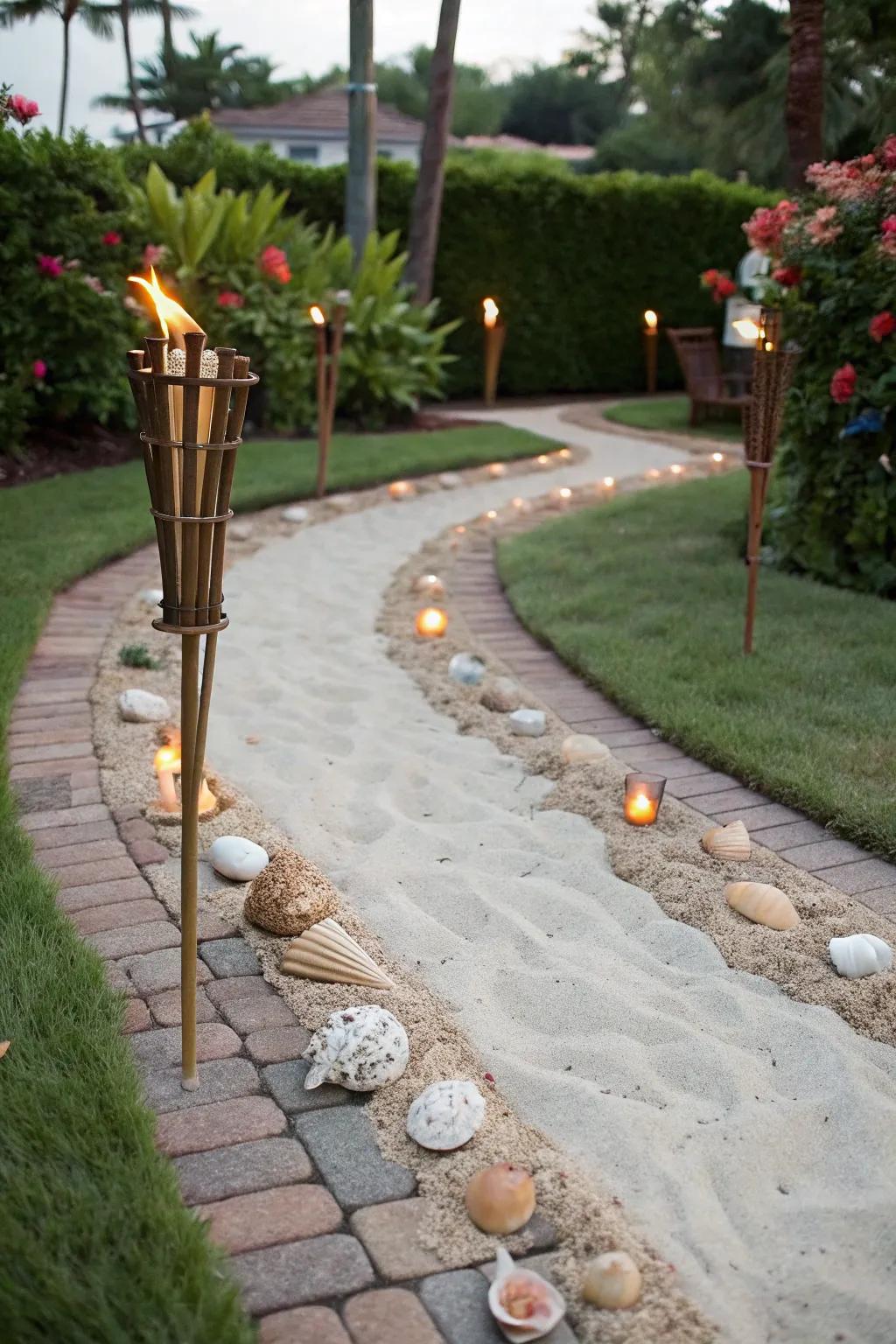 Design a beach-themed path with flame poles and seashells.