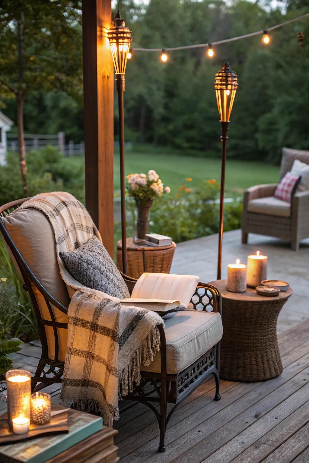Create a warm patio nook with glowing flame poles.