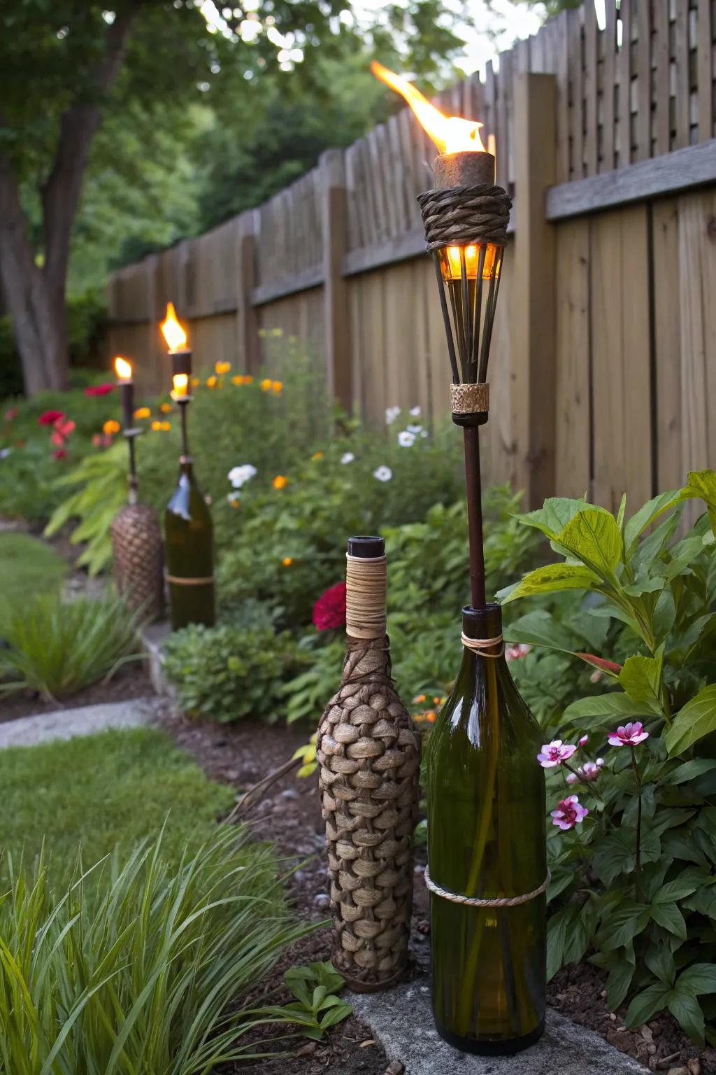 Transform empty spirits bottles into unique flame poles.
