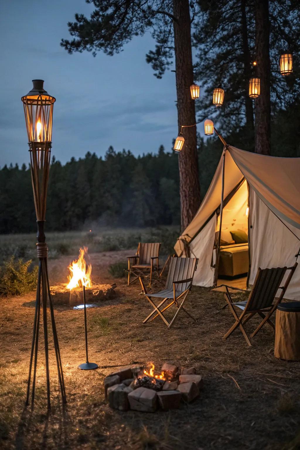 Create a cozy camping atmosphere with flame poles.