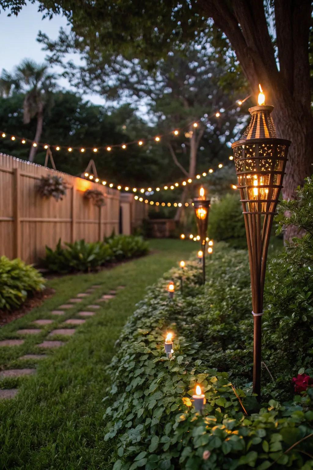 Create a romantic garden setting with flame poles and soft lights.