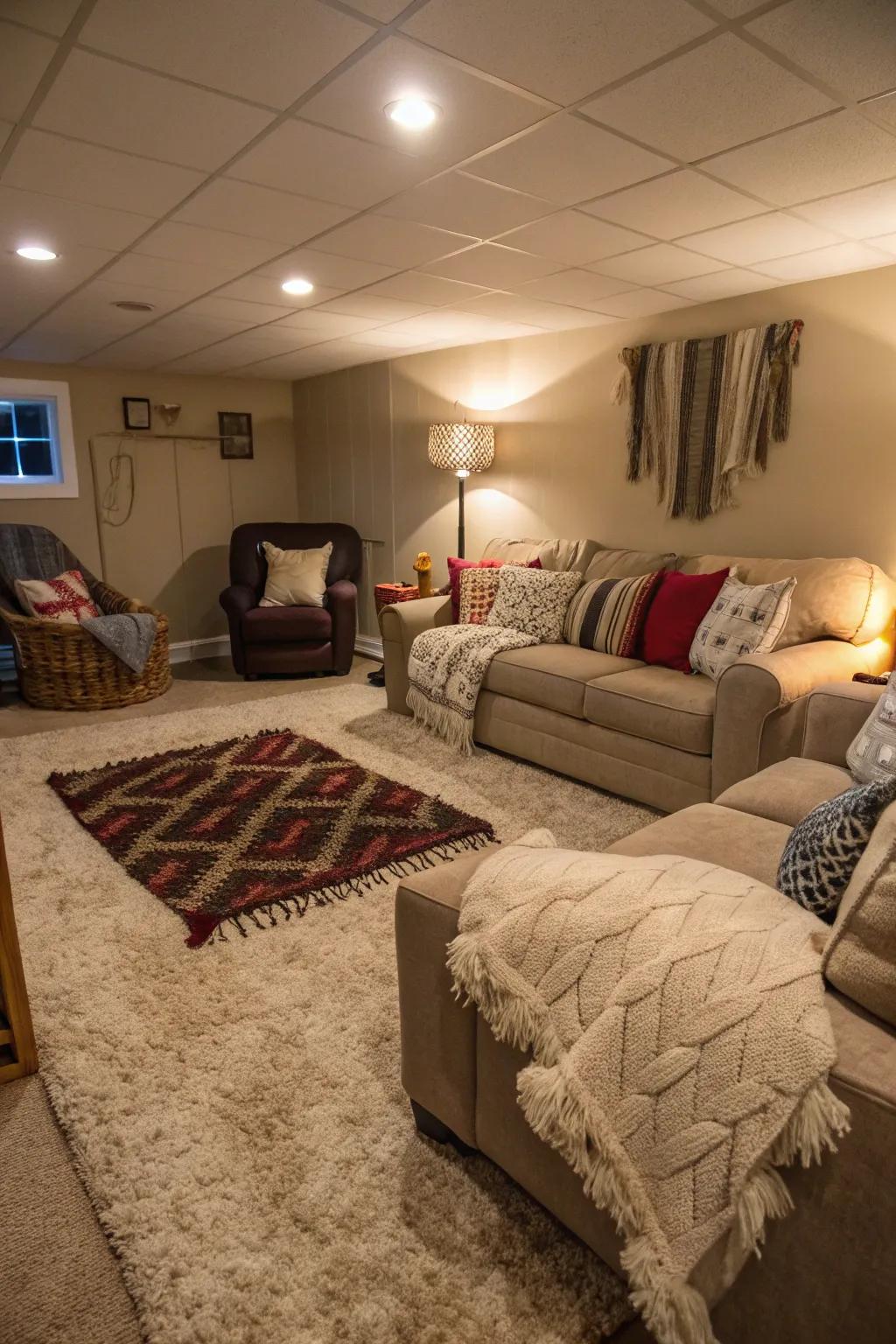 Delicate textiles enrich the comfort of this cozy basement.