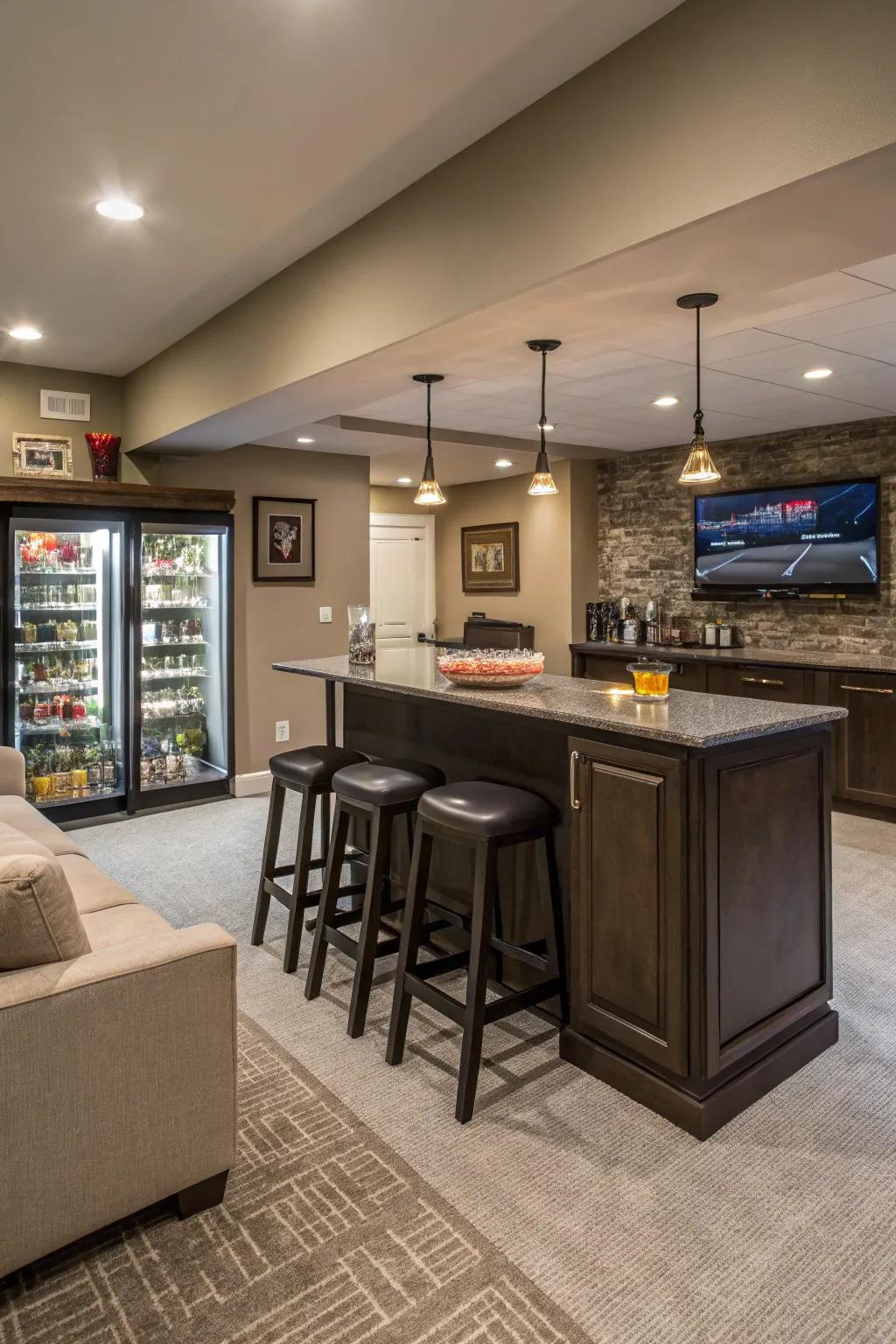 A chic refreshment center enhances the entertainment attraction of this basement.