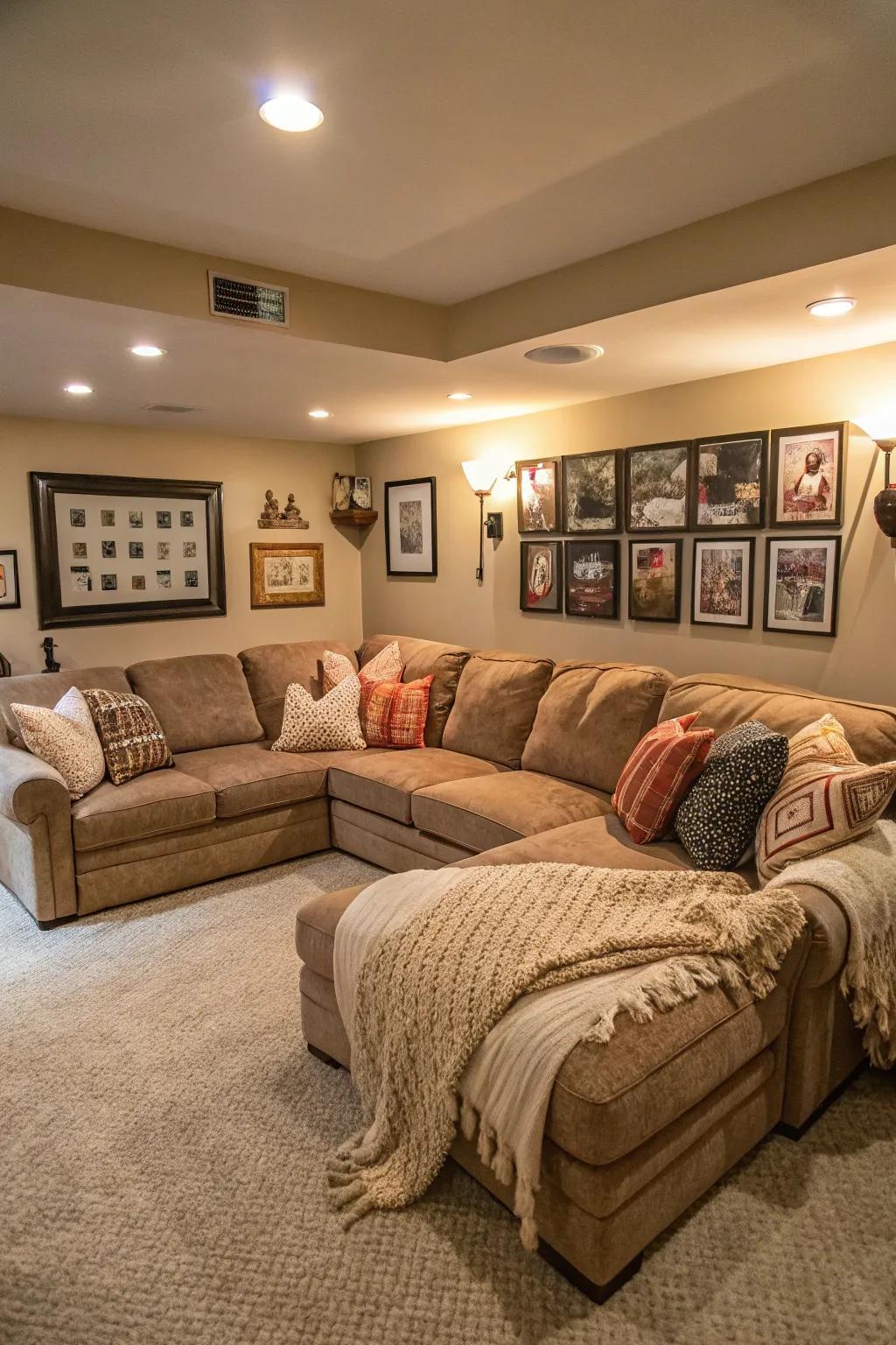 An elegant sectional sofa is the cornerstone of this welcoming basement family area.