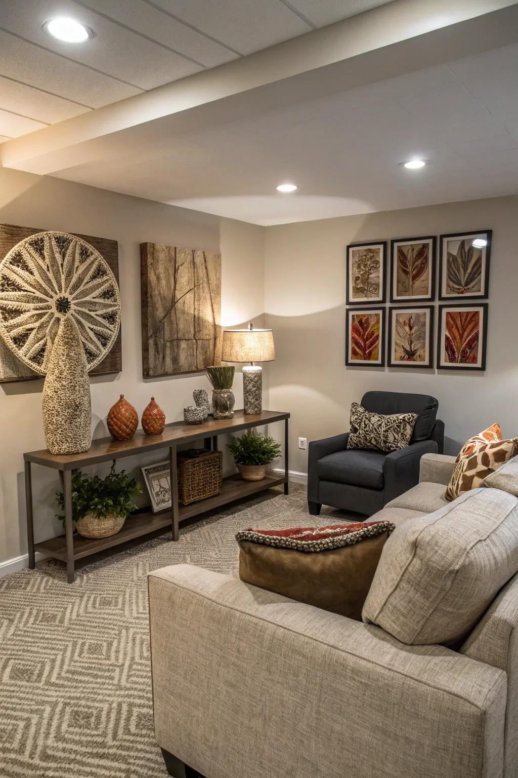 Artwork contributes a personal element to this fashionable basement area.